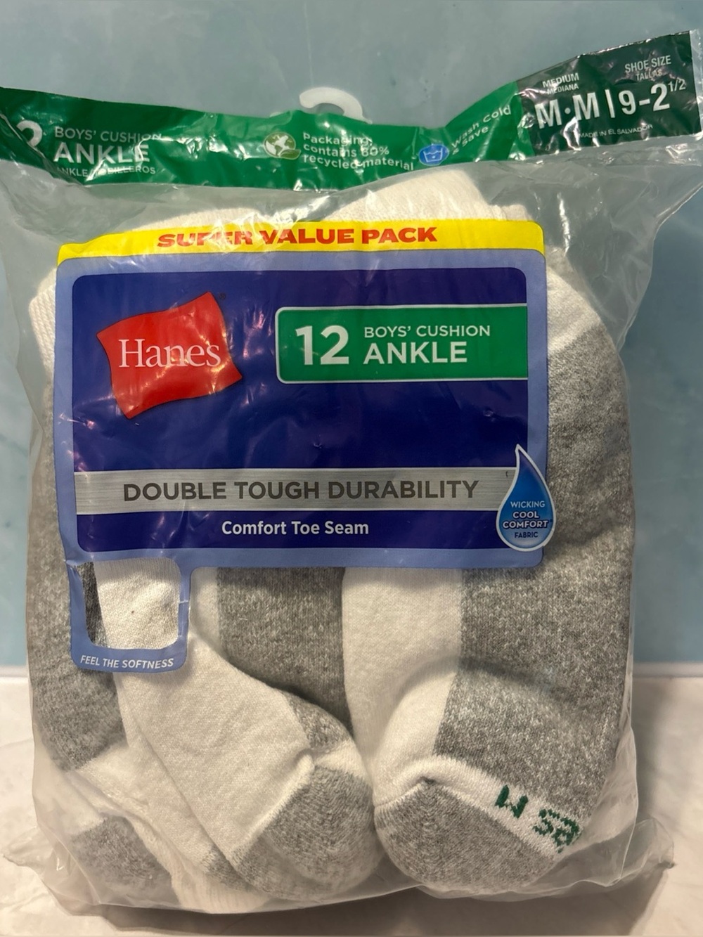 Hanes Boys' Cushion Ankle Socks - White & Gray (12-Pack) Medium